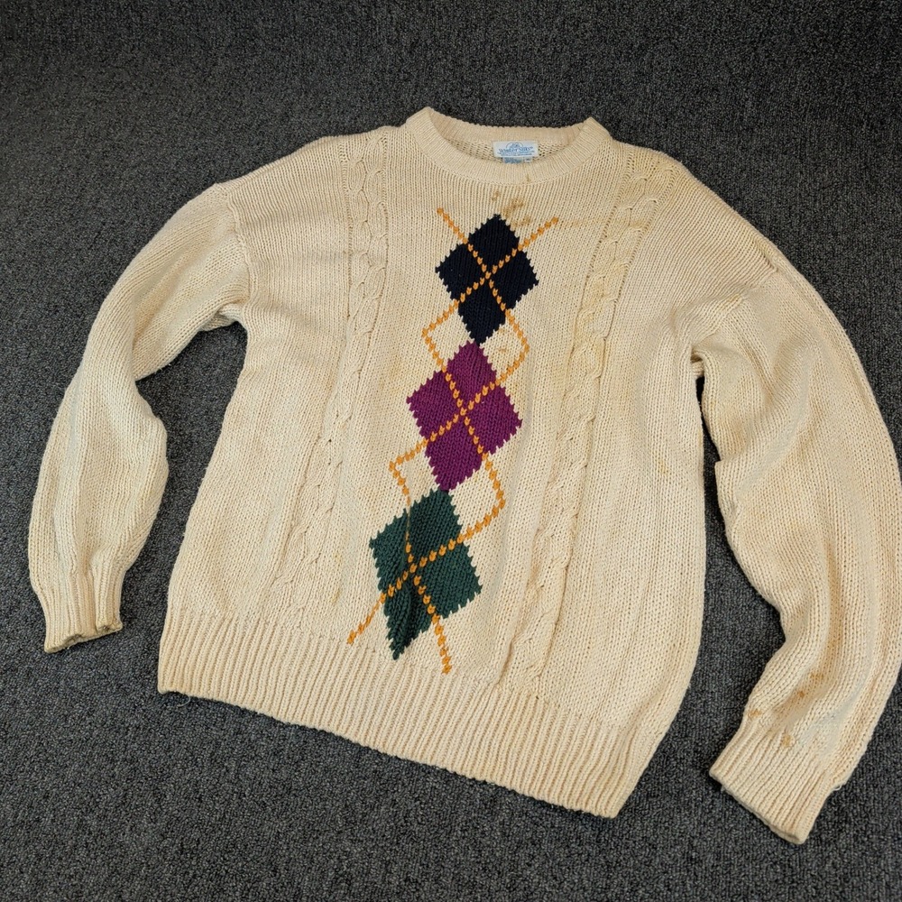 WinterSilks Mens Sweater‎ XL Silk Cotton Cream Argyle Cable Knit Vintage Relaxed